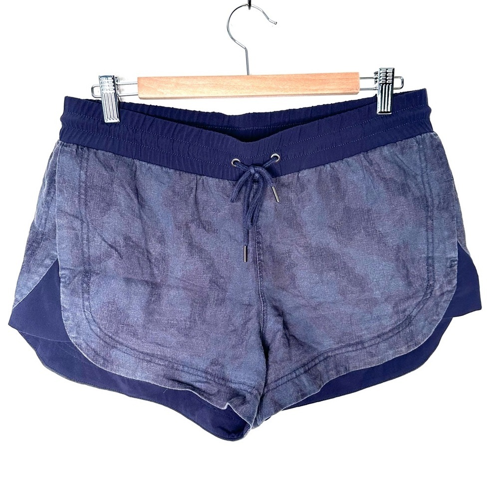 Athleta | Beachside Bali Linen Shorts Navy Blue Camo Drawstring Size 8